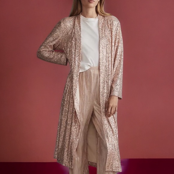 Mare Mare x Anthropologie Longline Sequin Kimono XS Rose Gold Pink Open Duster - Picture 9 of 11